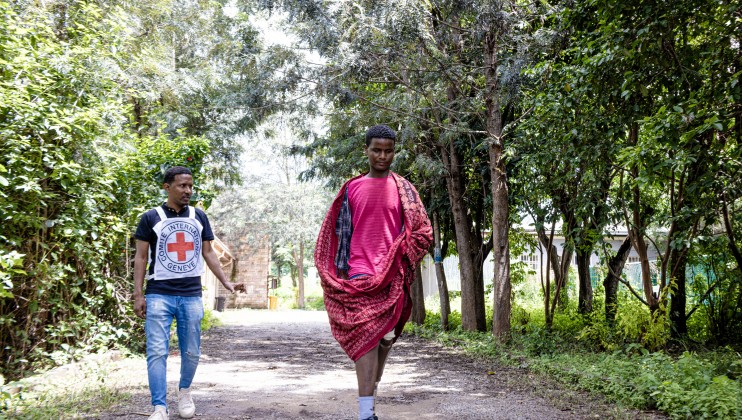 Birhane Haile, who lost a leg and fingers in UXO explosion receives physical rehabilitation services in ICRC center in Shire